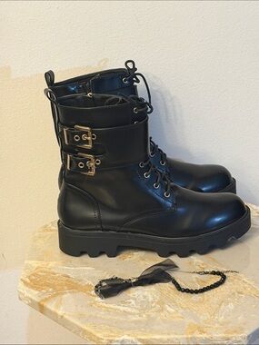 Women's Black Lace-Up Combat Boots with Gold Buckles